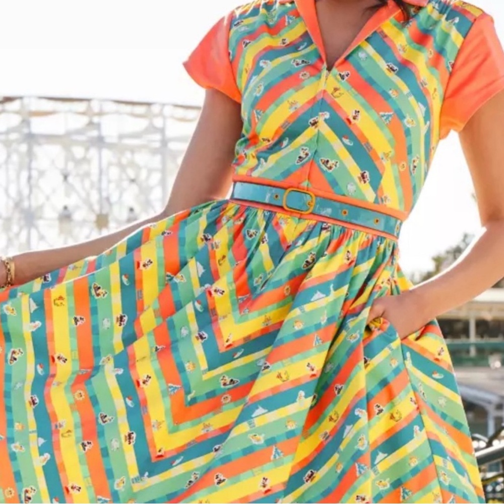 Disney Coral, Teal, Yellow & Green Striped Fit-and-Flare Midi Dress